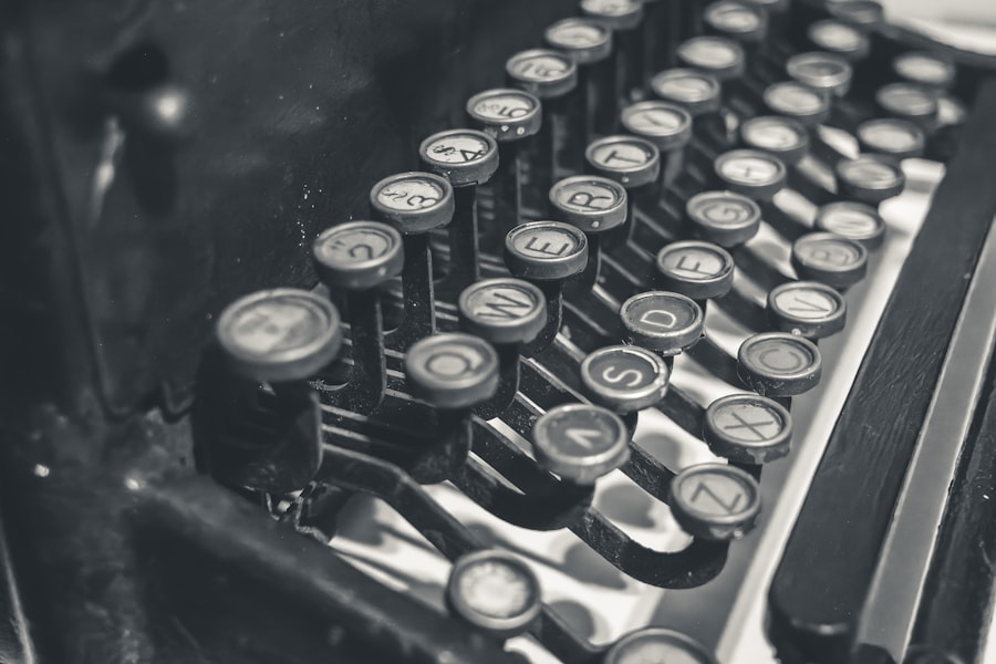 A vintage typewriter on a wooden desk